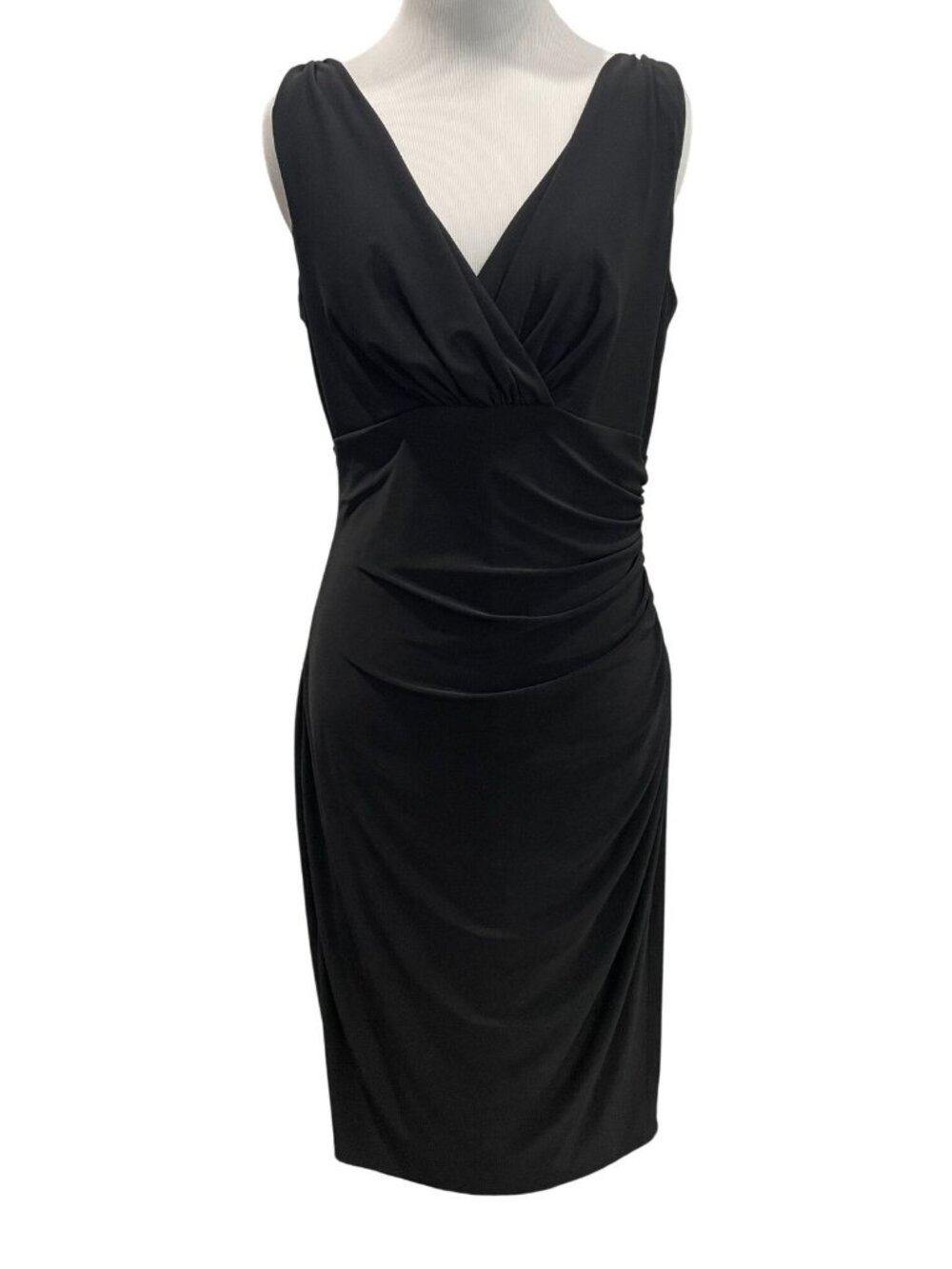 Lauren Ralph Lauren Wrap Sheath Dress 12 Black Ruched Minimalist Capsule Office
